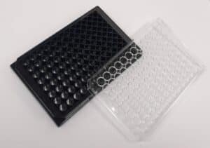 Black glass bottom 96 well plate with lid