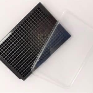 Tissue culture treated black solid transparent bottom 384 well plate with lid