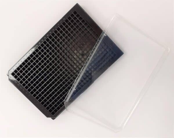 poly-D-lysine cell culture black solid glass bottom 384 well plate with lid